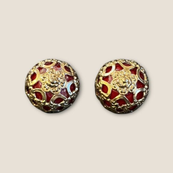 Vintage Estate Red & Gold Enamel Earrings With Floral Design - Picture 2 of 4